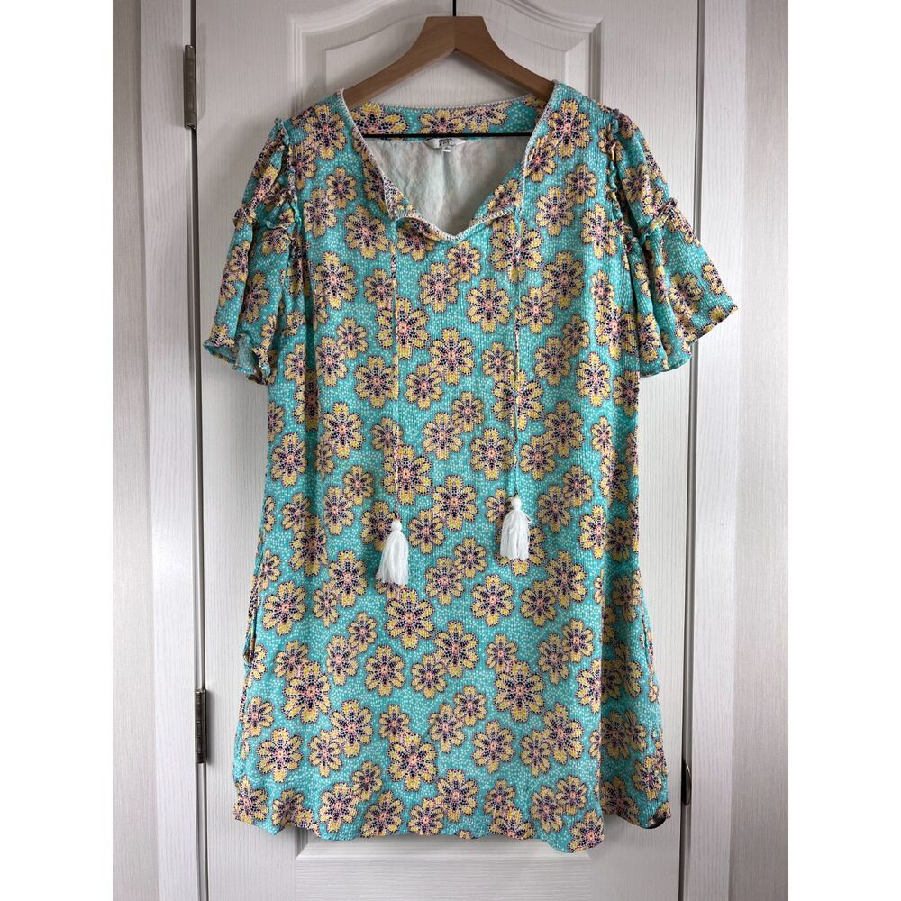 Crown & Ivy Women's Blue Yellow Floral Short Sleeve Shift Dress Pockets Size 10